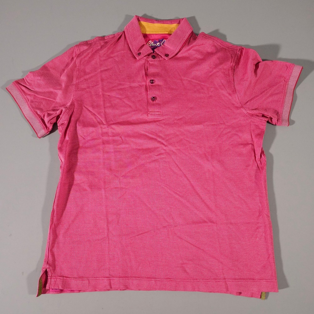 Robert Graham Polo Shirt Mens L Pink Classic Fit Micro Check Short Sleeve